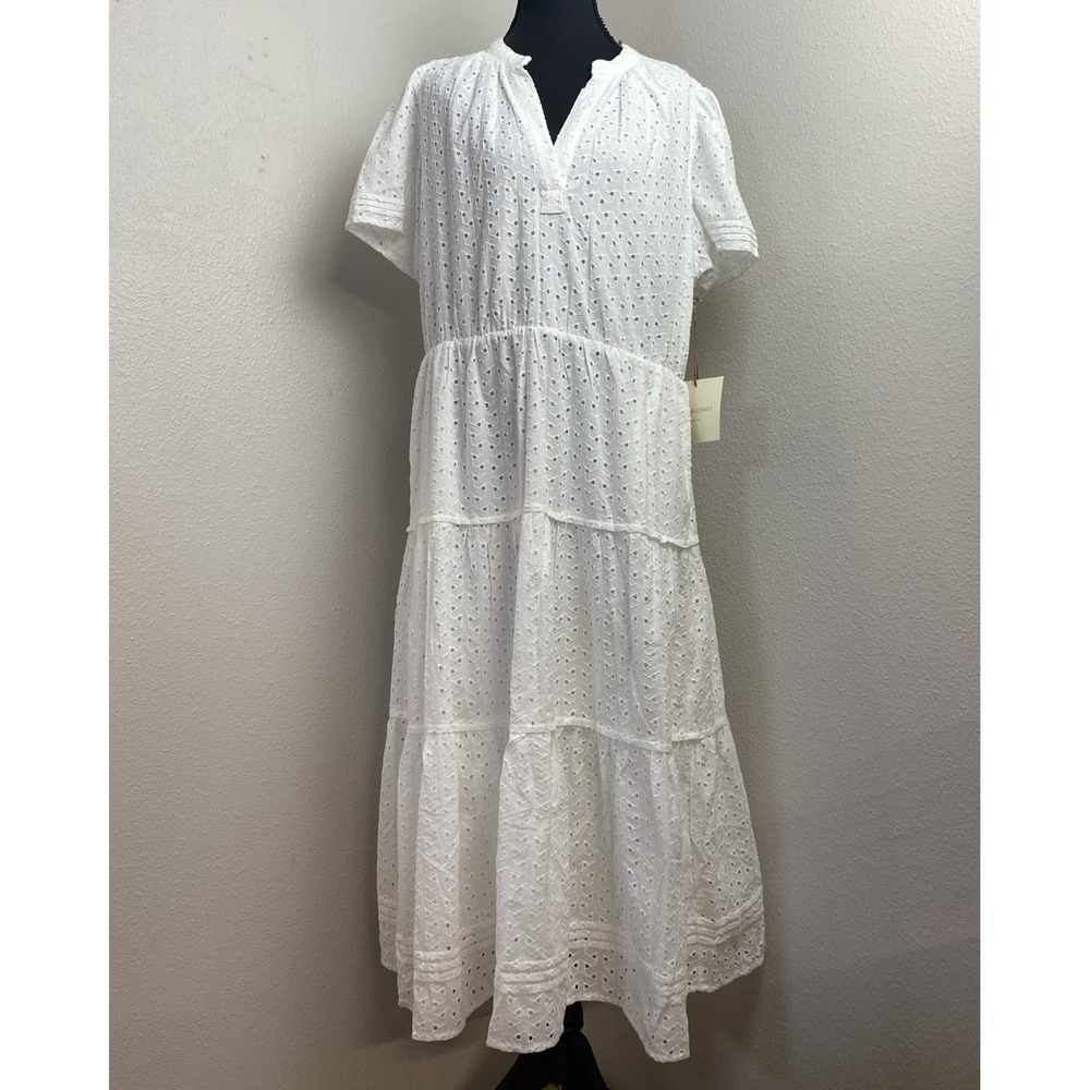 New Cynthia Rowley Tiered Smock Dress Women's XL‎ White Eyelet Lined Boho Gypsy